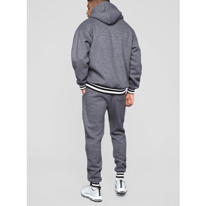 Men's Solid Color Contrast Rib Panel Hoodie Two-Piece Set
