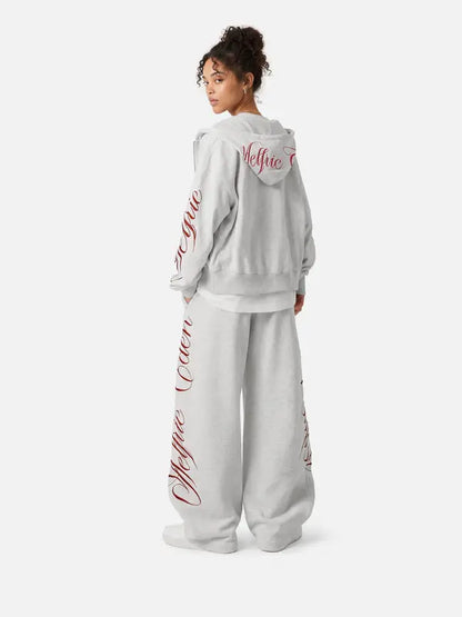 Embroidered 2-Piece Tracksuit Set with Zip-Up Hoodie & Loose Wide-Leg Pants, Classic Y2K Streetwear