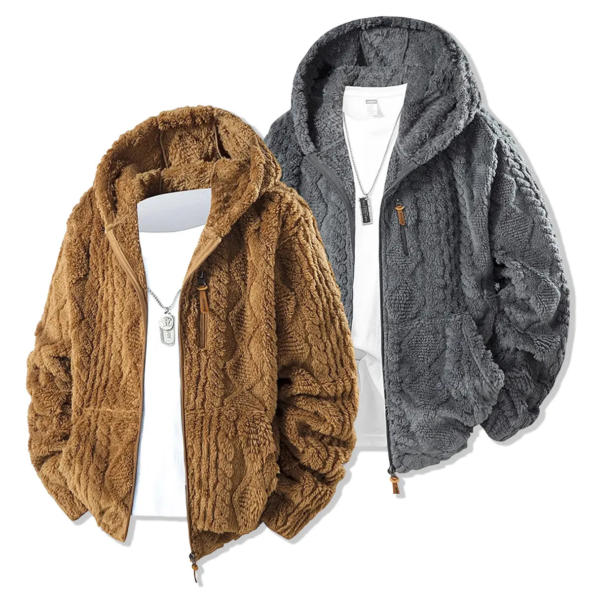 Unisex fleece hooded jacket. Solid woven texture, soft against skin, your go-to outerwear for fall & winter.