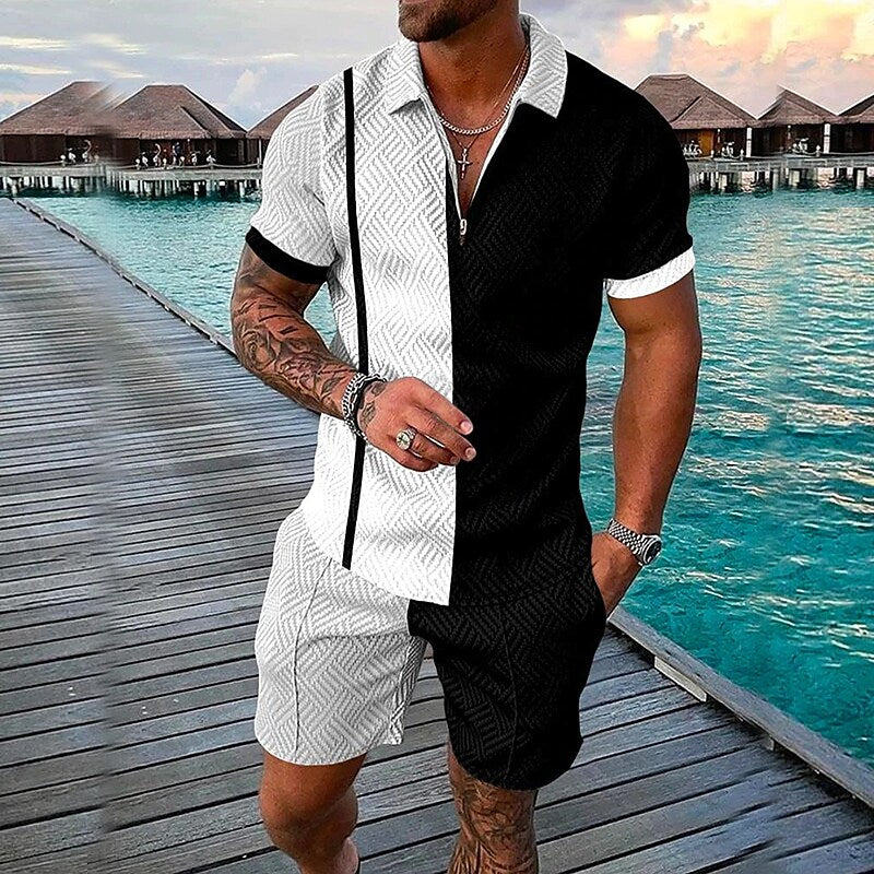Men's 3D Print Zipper Casual Short Sleeve Polo Shirt Two-piece Set