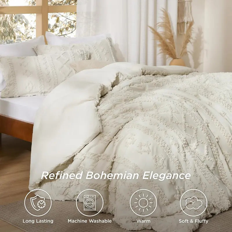 Weiches gestepptes Queen-Bettdecken-Set – Luxuriöse beige Boho-Bettwäsche