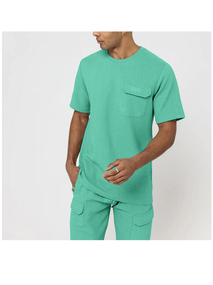 Textured Fabric Multi-pocket Shorts Design Round Neck Two Piece Set