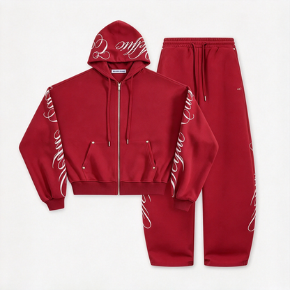 Embroidered 2-Piece Tracksuit Set with Zip-Up Hoodie & Loose Wide-Leg Pants, Classic Y2K Streetwear
