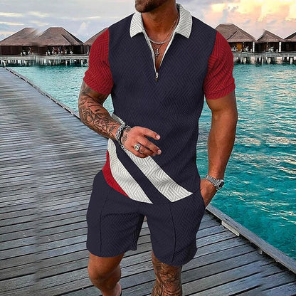 Men's 3D Print Zipper Casual Short Sleeve Polo Shirt Two-piece Set