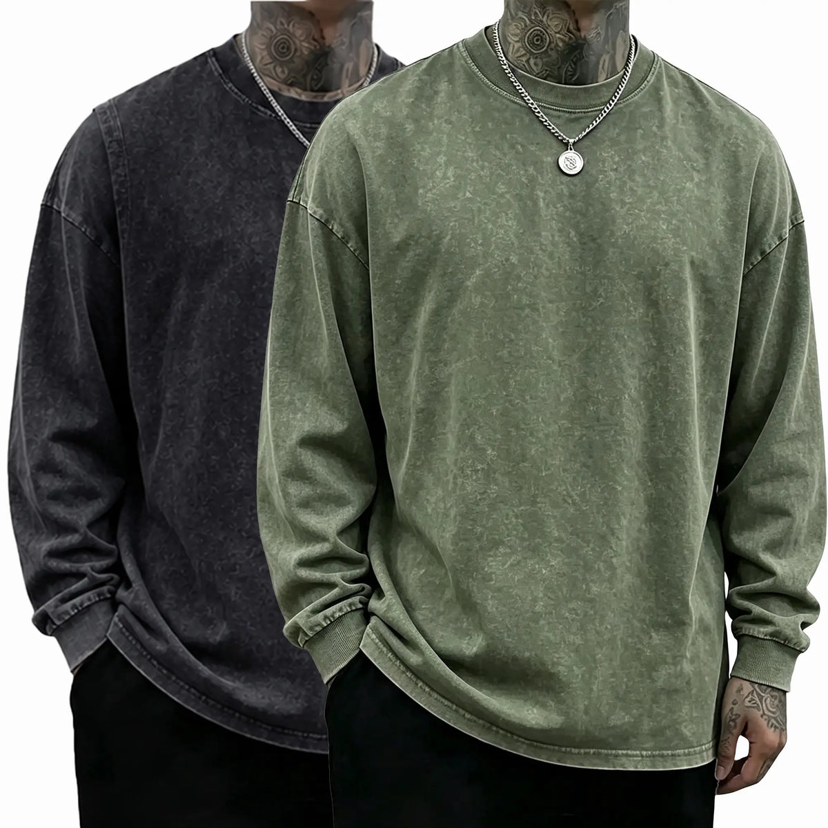 Loose Fit Mineral Wash Pure Cotton Long Sleeve Crew Neck Tee, Vintage Distressed Street Top, Great Men’s Gift
