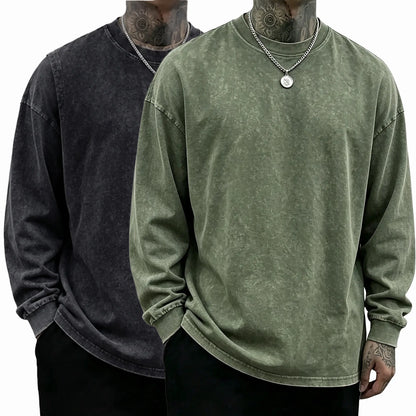 Loose Fit Mineral Wash Pure Cotton Long Sleeve Crew Neck Tee, Vintage Distressed Street Top, Great Men’s Gift
