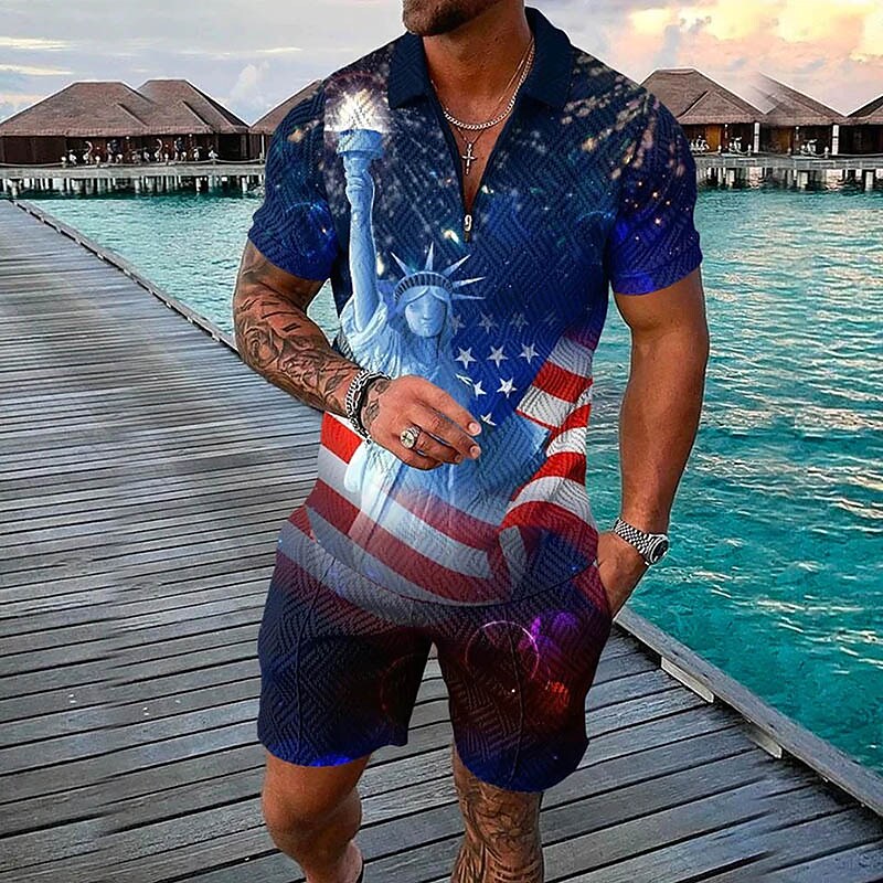 Men's 3D Print Graphic Flag Zipper Casual Short Sleeve Two-piece Set
