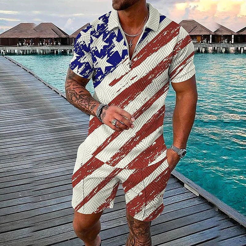 Men's 3D Print Graphic Flag Zipper Casual Short Sleeve Two-piece Set