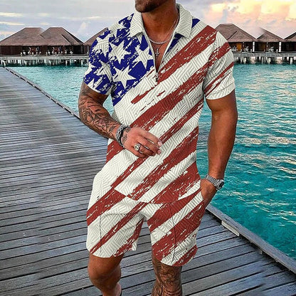 Men's 3D Print Graphic Flag Zipper Casual Short Sleeve Two-piece Set