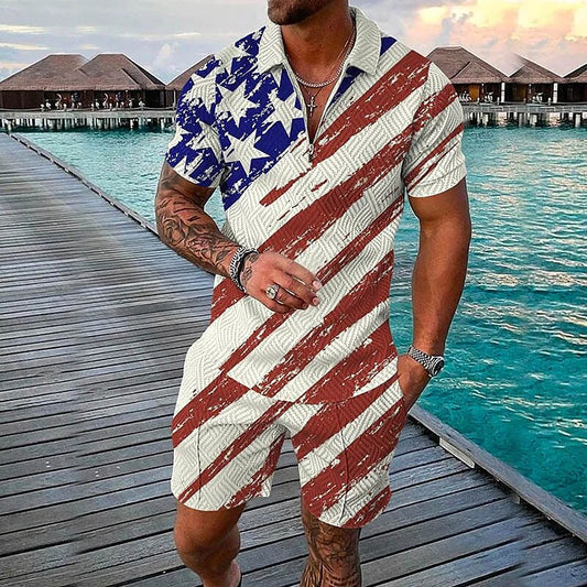 Men's 3D Print Graphic Flag Zipper Casual Short Sleeve Two-piece Set