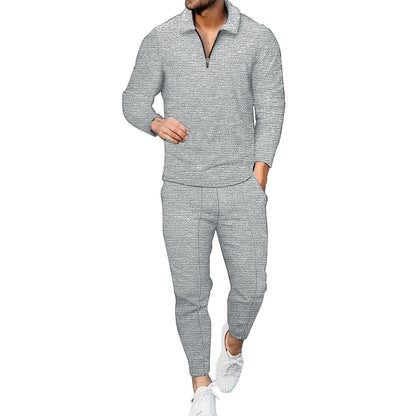 Men's Waffle Set Solid Color Turndown Casual Sports Zipper Long Sleeve Pants Sports Two-Piece Set