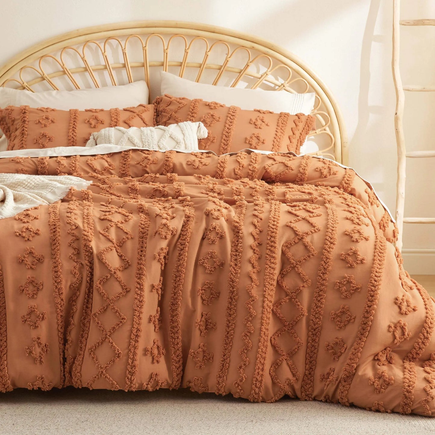 Juego de edredón queen suave con mechones - Ropa de cama boho de lujo beige