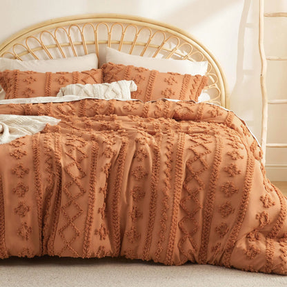 Juego de edredón queen suave con mechones - Ropa de cama boho de lujo beige