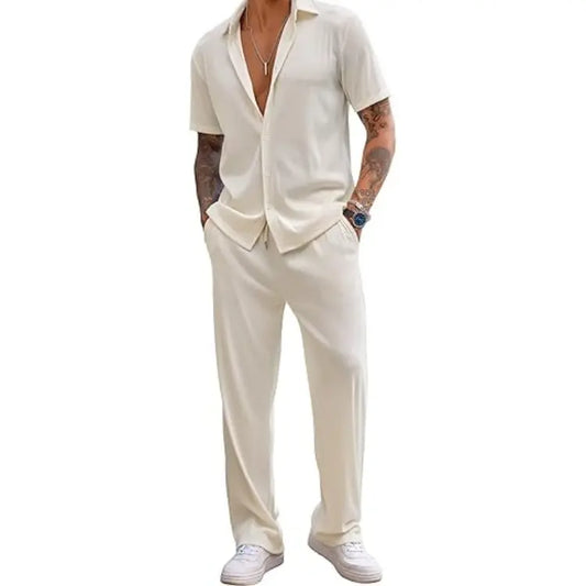 Men’s 2-Piece Outfit Set | Casual Short Sleeve Shirt & Loose Trousers, Perfect for Vacation & Daily Beach Wear