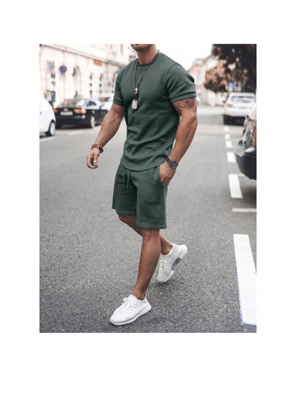 Men's Solid Color Fitness Tracksuit Short Sleeve Shorts Two-Piece Set Gym Suits