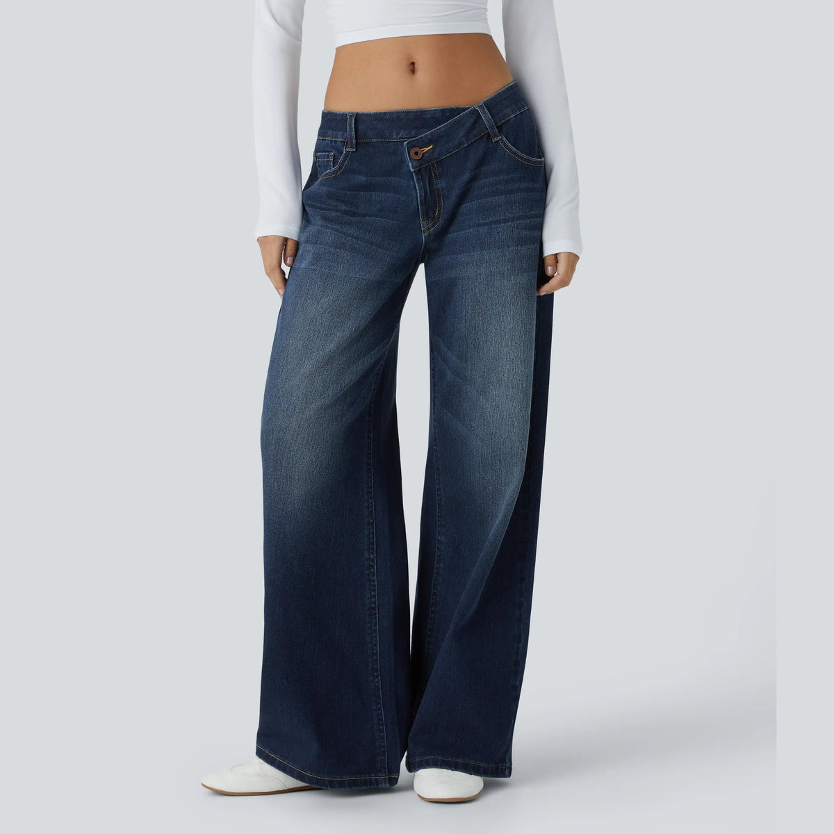 Asymmetric Low Rise Zipper Pockets Baggy Wide Leg Washed Casual Jeans