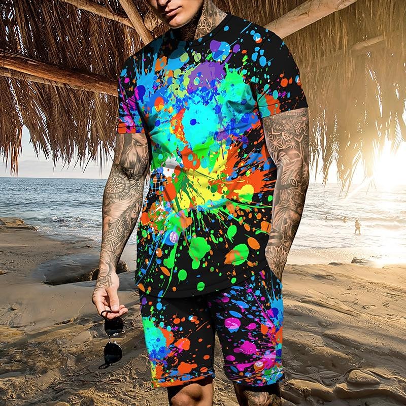 Men's 3D Colorful Creative Print Short Sleeve Two-piece Set