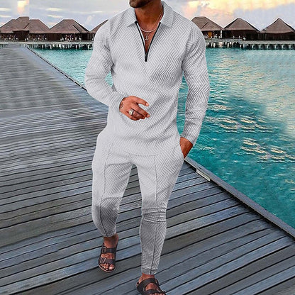 Men's Printed Polo Collar Zipper Fitness Tracksuit Long Sleeve Two-Piece Set