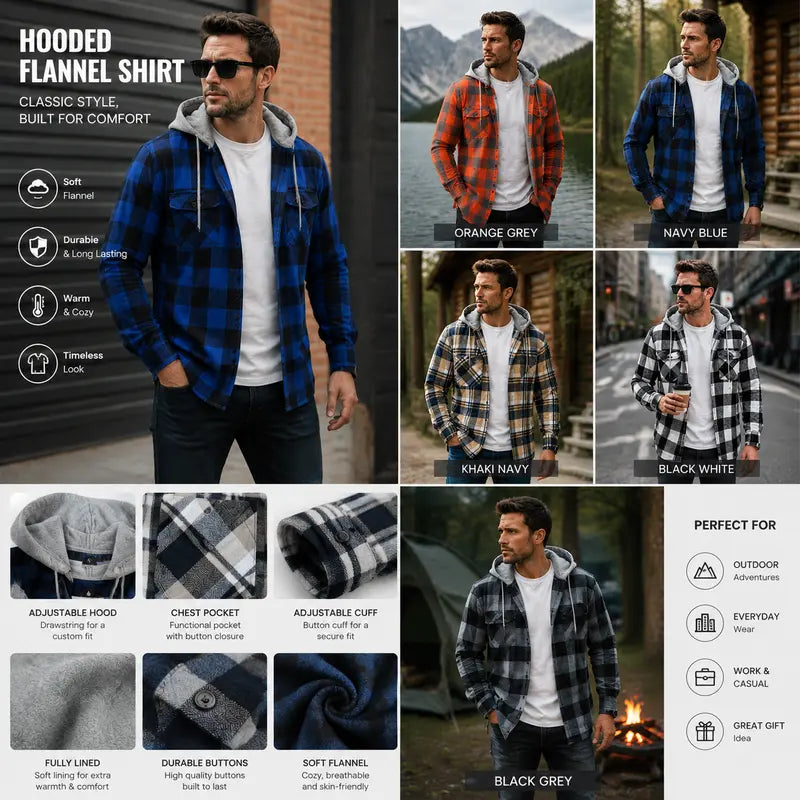 Men’s Plus-Size Flannel Hooded Shirt, Button Front, Drawstring Hood, Pockets, Ultra-Soft Fabric