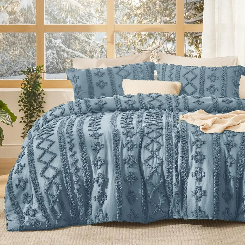 Weiches gestepptes Queen-Bettdecken-Set – Luxuriöse beige Boho-Bettwäsche