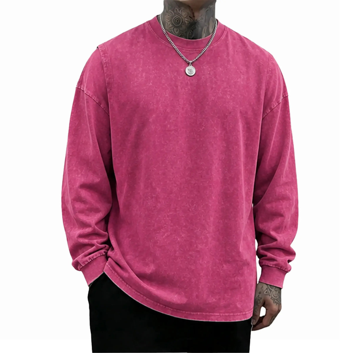 Loose Fit Mineral Wash Pure Cotton Long Sleeve Crew Neck Tee, Vintage Distressed Street Top, Great Men’s Gift