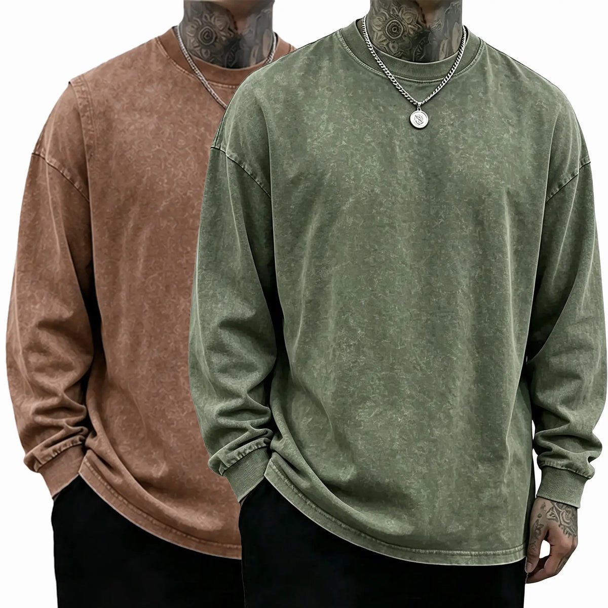 Loose Fit Mineral Wash Pure Cotton Long Sleeve Crew Neck Tee, Vintage Distressed Street Top, Great Men’s Gift