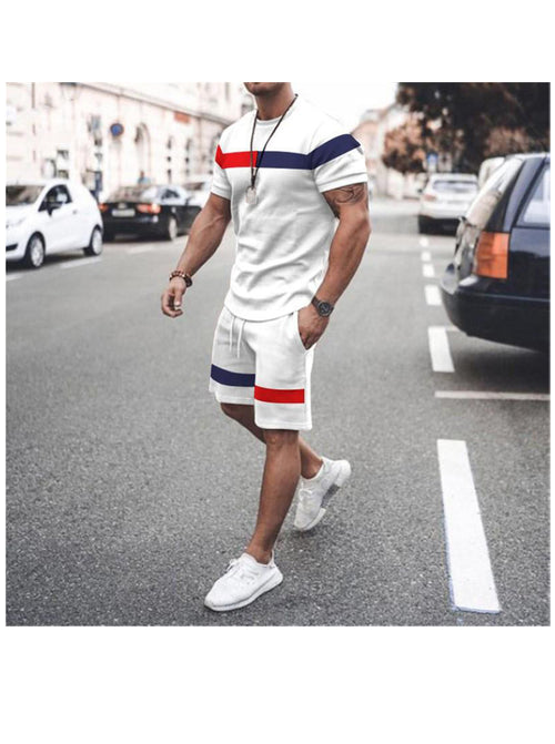 Terry Color Matching Striped Short Sleeve T-shirt Two-Piece Set