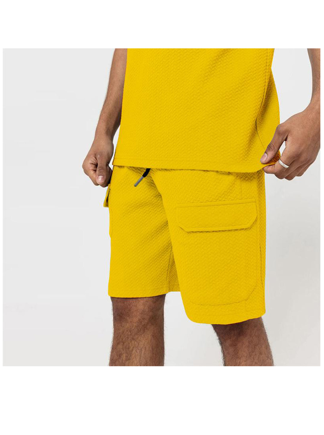 Textured Fabric Multi-pocket Shorts Design Round Neck Two Piece Set