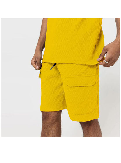 Textured Fabric Multi-pocket Shorts Design Round Neck Two Piece Set