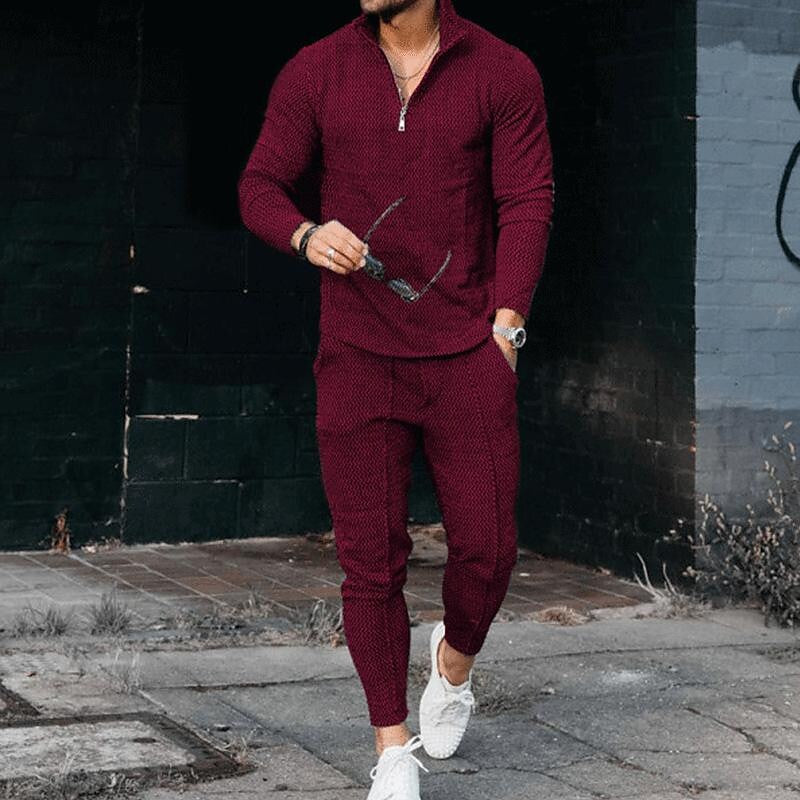 Men's Texture Long-sleeved Polo Two-piece Set