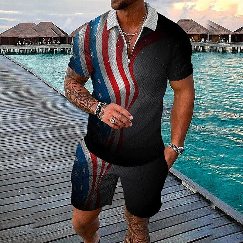 Men's 3D Print Graphic Flag Zipper Casual Short Sleeve Two-piece Set