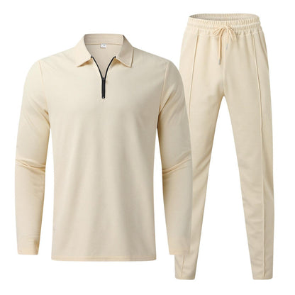 Men's Waffle Set Solid Color Turndown Casual Sports Zipper Long Sleeve Pants Sports Two-Piece Set