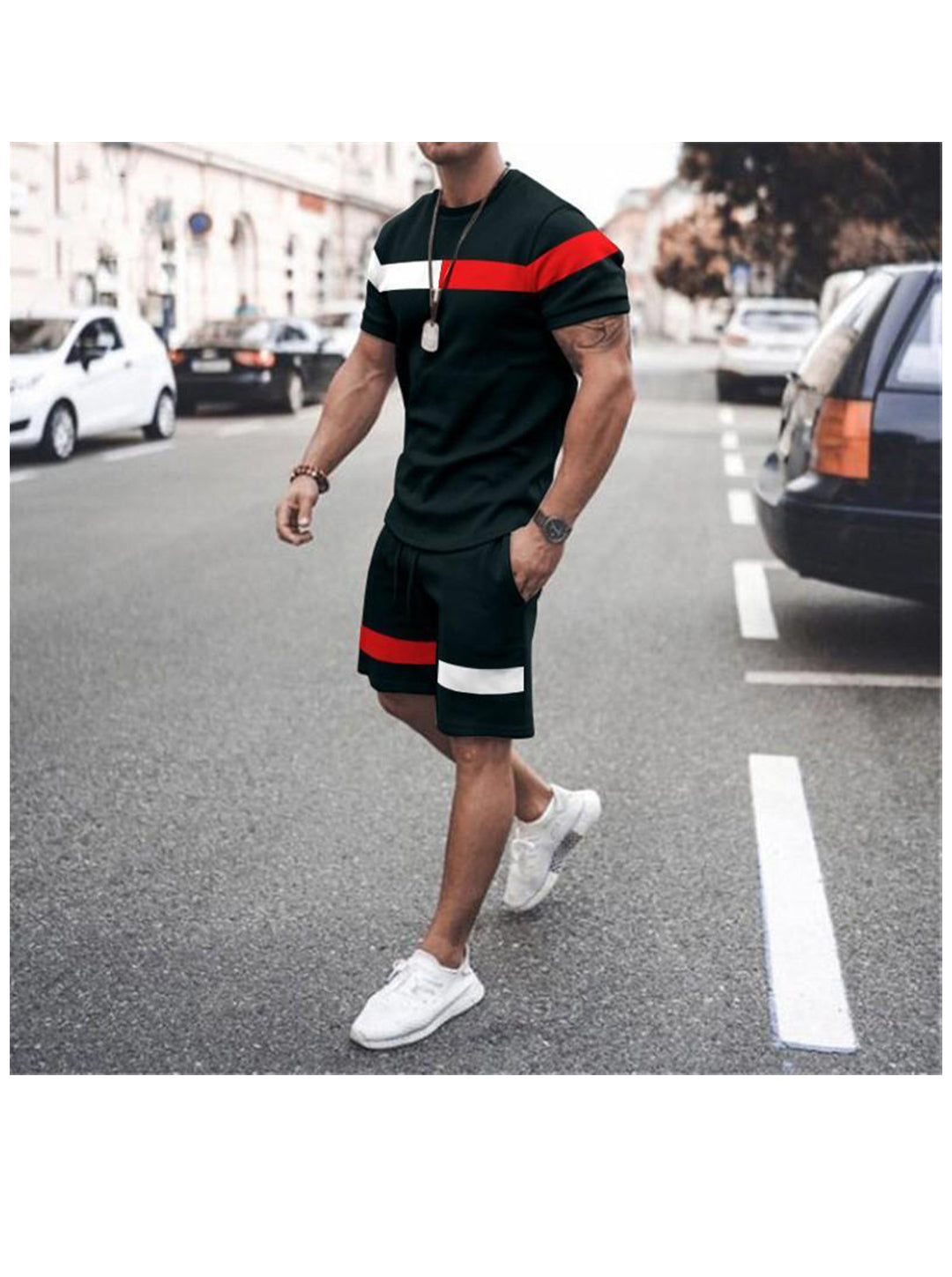 Terry Color Matching Striped Short Sleeve T-shirt Two-Piece Set