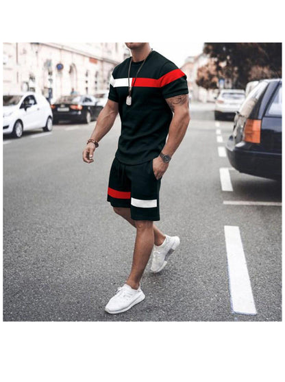 Terry Color Matching Striped Short Sleeve T-shirt Two-Piece Set