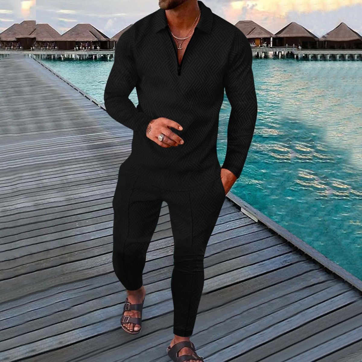 Men's Printed Polo Collar Zipper Fitness Tracksuit Long Sleeve Two-Piece Set
