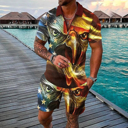 Men's 3D Print Graphic Flag Zipper Casual Short Sleeve Two-piece Set