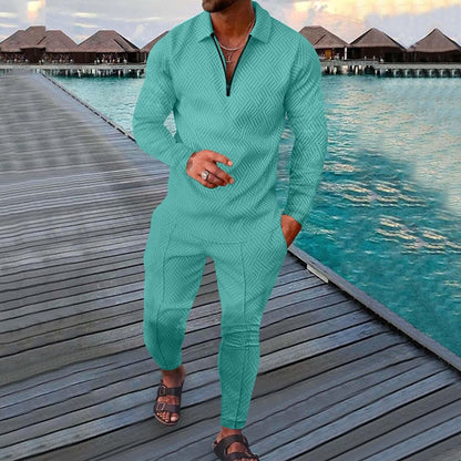 Men's Printed Polo Collar Zipper Fitness Tracksuit Long Sleeve Two-Piece Set