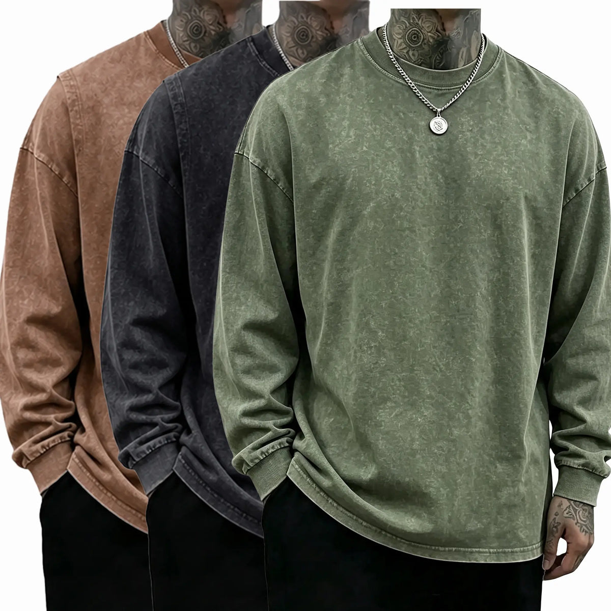 Loose Fit Mineral Wash Pure Cotton Long Sleeve Crew Neck Tee, Vintage Distressed Street Top, Great Men’s Gift