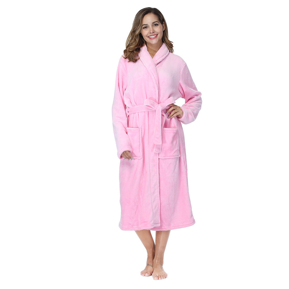 Soft Flannel Solid Long Bathrobe, Perfect Couple Loungewear