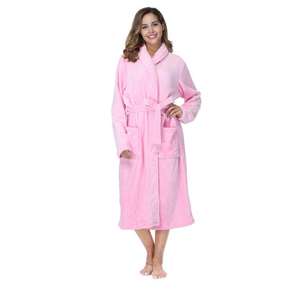 Soft Flannel Solid Long Bathrobe, Perfect Couple Loungewear