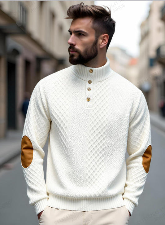 Men's Jacquard Stand Collar Henley Sweater | Long Sleeve Button Placket, Stylish Added Elbow Patches