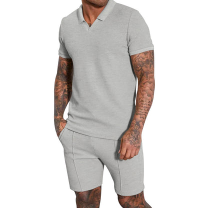Men's Waffle Knit V-neck Short Sleeve Two Piece Set
