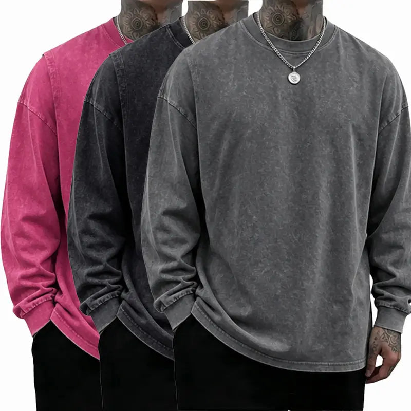 Loose Fit Mineral Wash Pure Cotton Long Sleeve Crew Neck Tee, Vintage Distressed Street Top, Great Men’s Gift