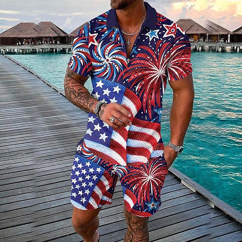 Men's 3D Print Graphic Flag Zipper Casual Short Sleeve Two-piece Set