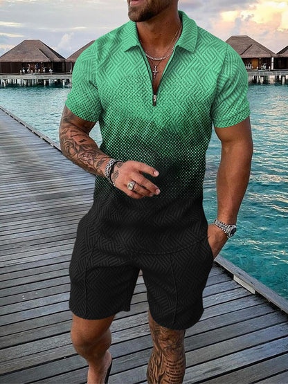 Wilson 3D Print Zipper Polo Short-sleeved Two-piece Set 1