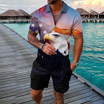 Men's 3D Print Graphic Flag Zipper Casual Short Sleeve Two-piece Set