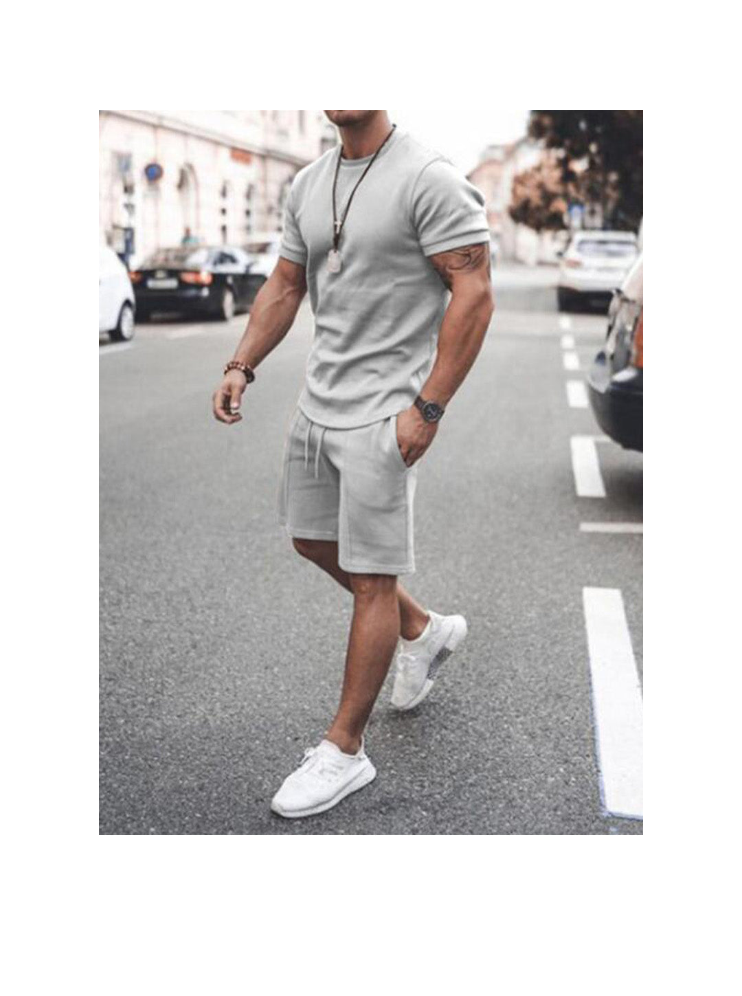 Men's Solid Color Fitness Tracksuit Short Sleeve Shorts Two-Piece Set Gym Suits
