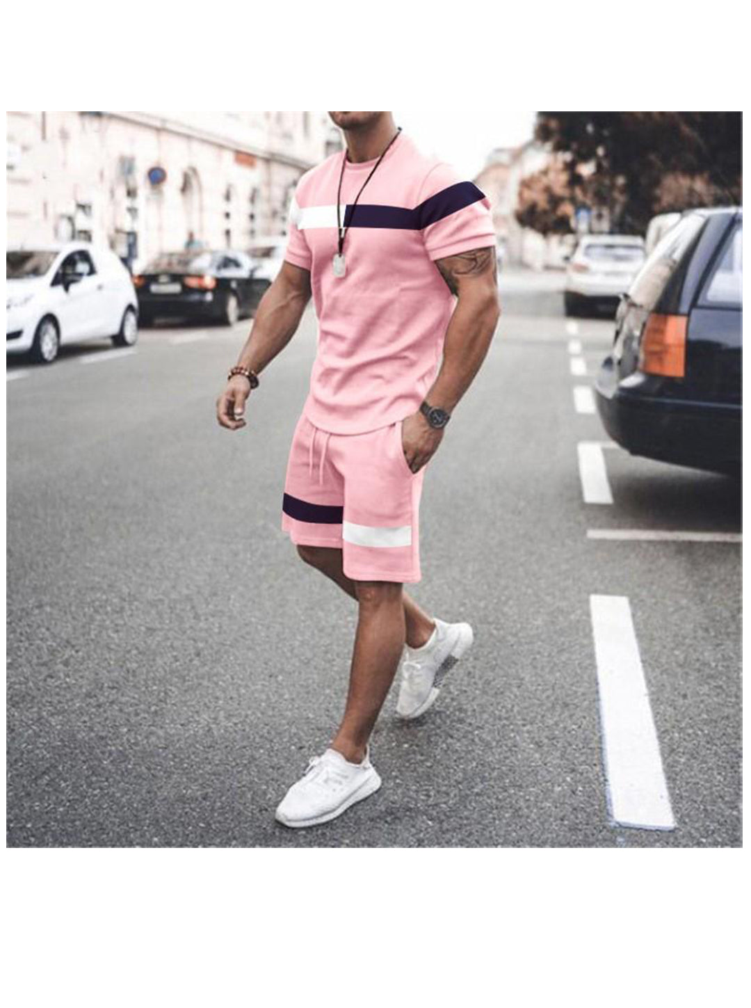 Terry Color Matching Striped Short Sleeve T-shirt Two-Piece Set