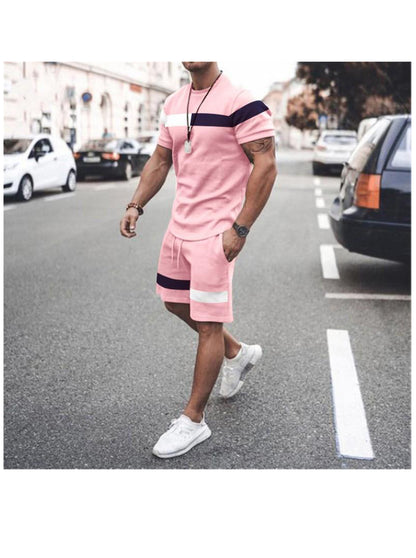 Terry Color Matching Striped Short Sleeve T-shirt Two-Piece Set