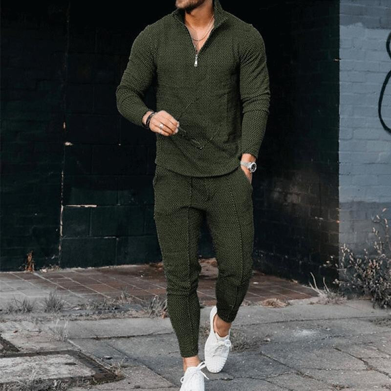 Men's Texture Long-sleeved Polo Two-piece Set